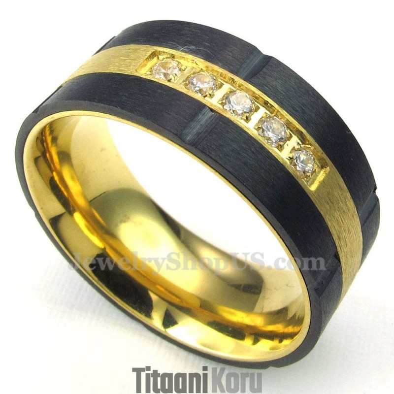 Kultainen Musta Titaanisormus Valkoisella Zirkonilla