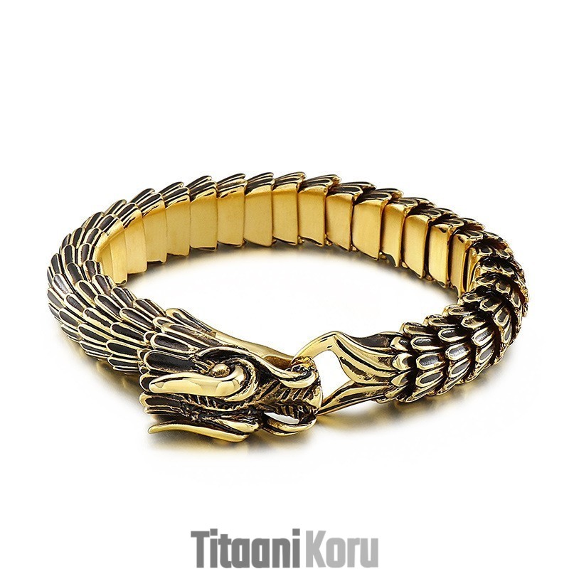 Hieno Hiphop-Katupäällysteinen Kultainen Lohikäärme-Titaanirannekoru Miehille
