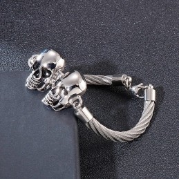Cool Fashion Double Skull Steel Wire Miesten Titaanirannekoru