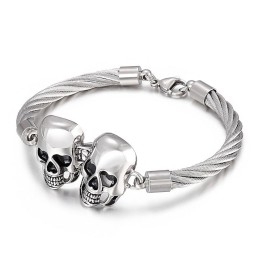 Cool Fashion Double Skull Steel Wire Miesten Titaanirannekoru