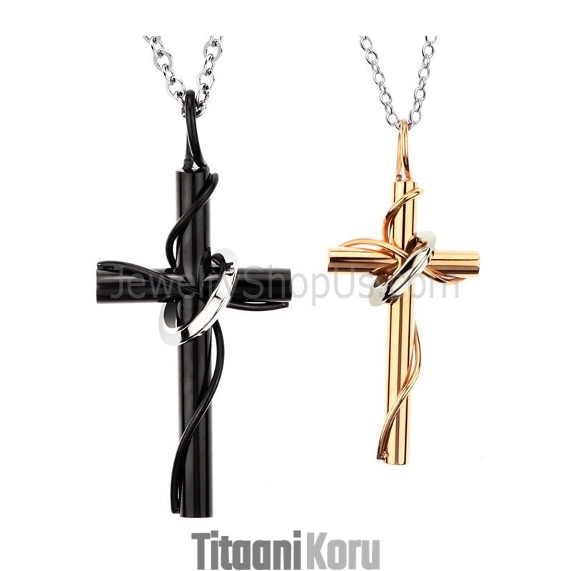Titaanista Valmistetut Ruusukultaa Ja Mustaa Ristiä Muistuttavat Rakastavaisten Riipukset Ilmaisilla Ketjuilla C521